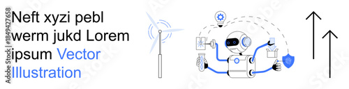 Automation, robotics, artificial intelligence, wind energy, digital security, technology innovation. Robot performing tasks with energy and security elements. Robotics and artificial intelligence