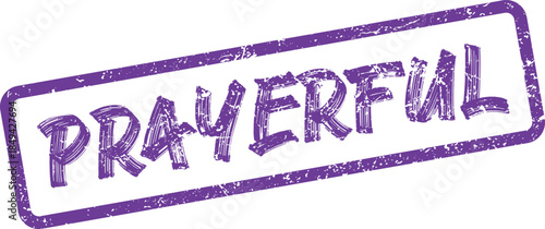 A purple distressed rubber stamp clearly displays the significant word Prayerful with grunge texture