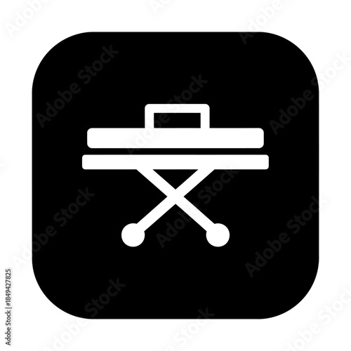 A graphic illustration of a piano keyboard on a stand displayed against a black background