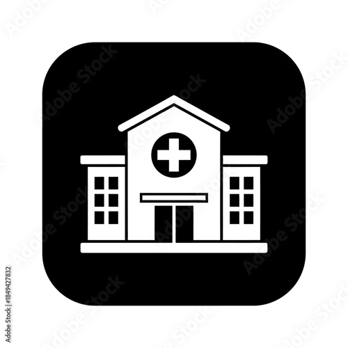 Simple white medical building icon on a black background