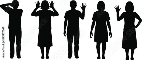 Silhouettes of people with hand gestures, expressive poses, communication theme, body language illustration, gesture study, human posture design