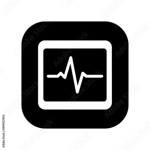 A black and white graphic illustration of a medical heartbeat monitor icon on a rounded square background