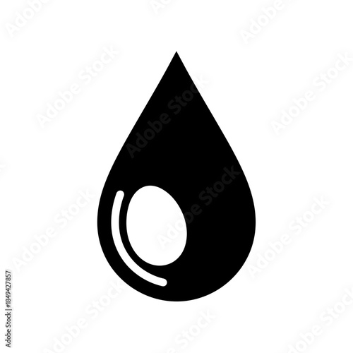 A black teardrop shape with a white highlight, symbolizing a droplet of liquid in a simple, graphic representation.