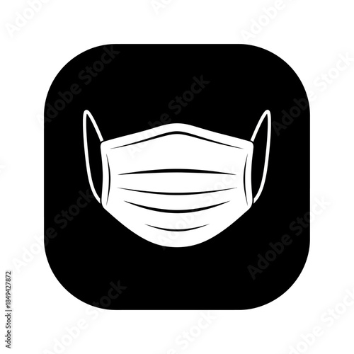 A white face mask icon on a black background viewed from the front