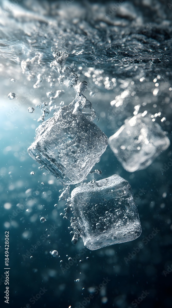 Obraz premium Ice Cubes Submerged in Water Creating Bubbles and Surface Ripples