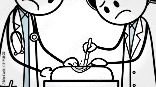 Two Stickman Doctors In White Coats Performing Surgery On A Patient With Sad Expressions Over A Table Isolated On White Background
