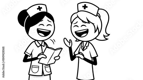 Two Stickman Nurses Laughing Together in Uniforms With Medical Caps During A Break Joyful Interaction Inside A Hospital Environment Isolated On White