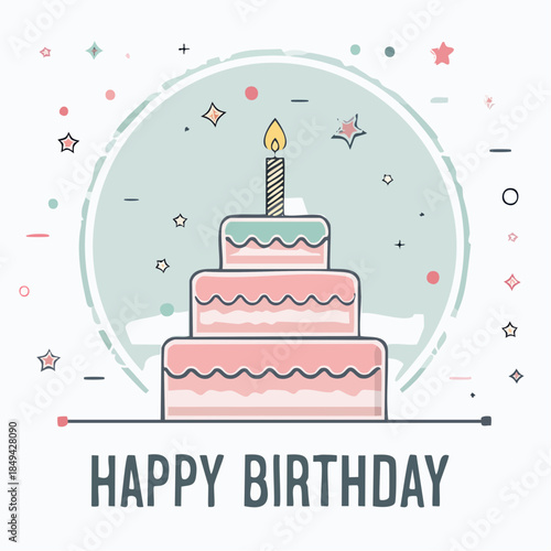 Happy Birthday Celebration Cake with Candle and Festive Decorations, a Joyful Event Illustration
