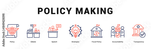 Policy Making Modern and clean web banner illustration featuring thematic icons for visual communication