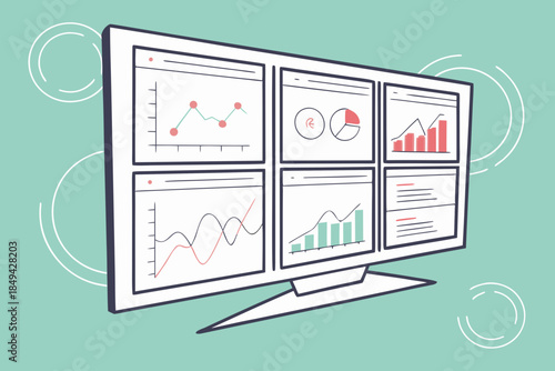 Business Data Display: The image features a large monitor displaying diverse data charts and graphs, representing analytics, tracking and business information.