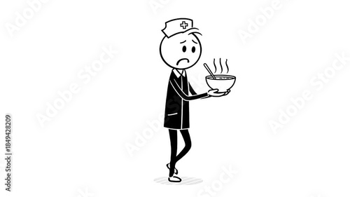 Worried Stickman Doctor Holds Steaming Bowl of Soup Isolated on White Background Vector Animation
