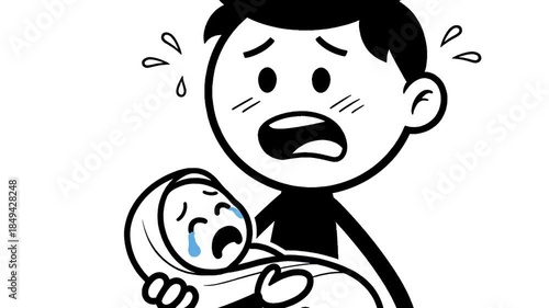 Worried Stickman Father Holding Crying Baby Black and White Illustration Isolated on White Background