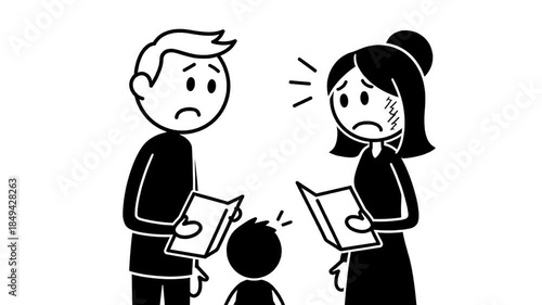 Worried stickman parents holding books look down at their child with concern and anxiety on a white isolated background symbolizing family problems or