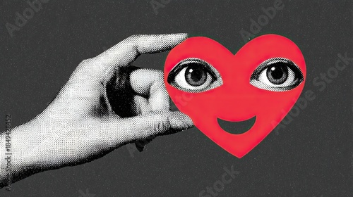 A surreal vintage collage of a halftone black and white hand offering a red heart with human eyes and a smiling face, blending pop art and retro dada style in a minimalist composition.