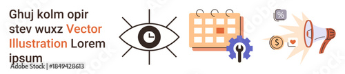 Marketing strategy, business planning, task scheduling, branding, communication, financial focus. Eye, calendar gear and megaphone with financial icons. Marketing strategy and business planning