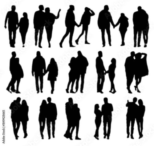 Collection of diverse people silhouettes, full body, isolated on white.