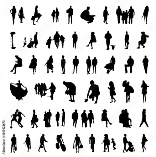 Collection of diverse people on a white background, full body shots.