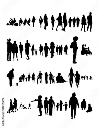 Collection of diverse people walking in a public space, isolated on white.