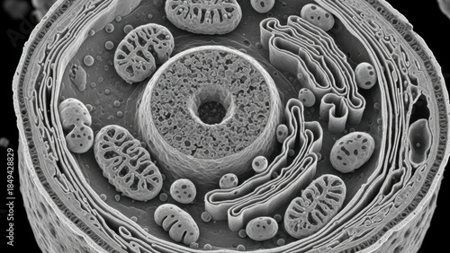 Intricate microscopic view revealing the complex internal structure of a eukaryotic cell organism