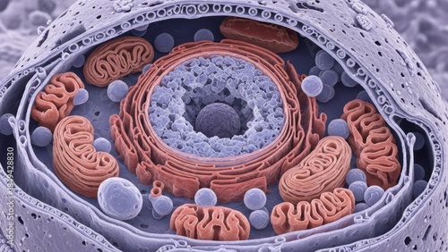 Intricate Microscopic View of a Eukaryotic Cell's Complex Internal Organelles