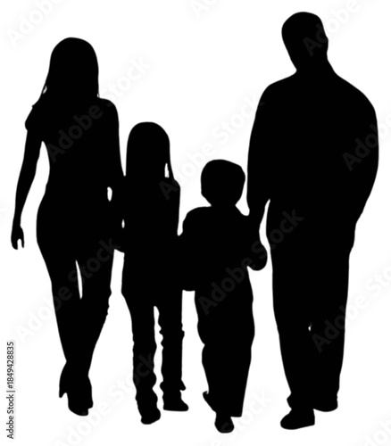 Family of four walking together, viewed from behind.
