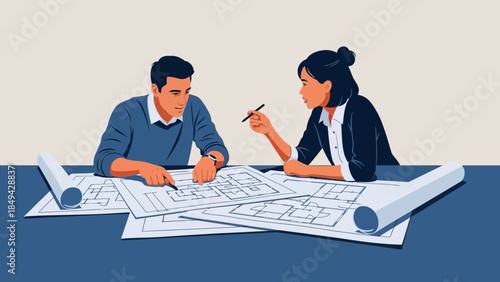 Architects collaborating on building plans, reviewing blueprints in modern office setting, creating innovative designs and discussing construction projects together