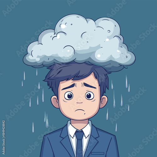 Depressed businessman concept. Vector illustration of cartoon young adult sad man in a blue suit with doodle raining cloud over his head , vector style simple color