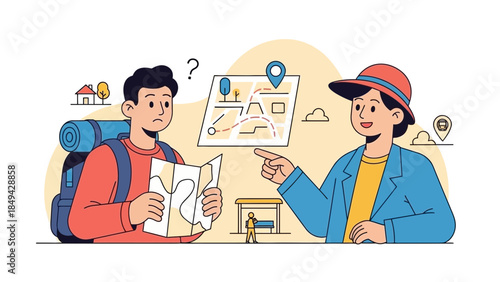 Lost traveler seeks help, cheerful local guides the way, adventure awaits with maps and helpful directions on a fun journey