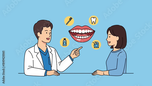 Modern dentist explaining oral hygiene tips to patient in clinic for healthy smiles, using toothbrush, mouthwash, and dental floss for teeth wellness