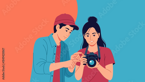 Young couple learning photography together, exploring creative hobbies and enjoying quality time with a stylish vintage camera in a colorful setting