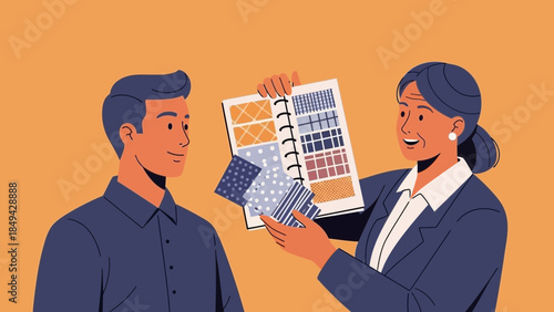 Interior designer presenting fabric swatches to a client for a home renovation project with a modern aesthetic and collaborative design process