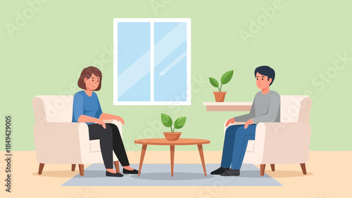 Couple having a calm conversation sitting in armchairs in a bright living room with plants and a window, perfect for therapy or relationship advice
