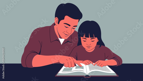 Loving father reading a story with his daughter, bonding over a book, creating cherished memories, and fostering a love for learning together at home