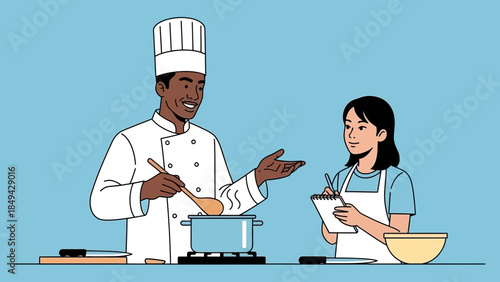 Enthusiastic chef teaching culinary arts to eager student in modern kitchen, sharing secrets and recipes for success in the vibrant food industry