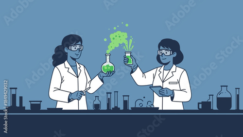 Female scientists conducting vibrant experiments in lab with green solution bubbling, perfect for scientific breakthroughs and innovative research visuals