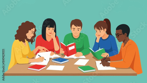 Diverse students collaborate studying together, sharing ideas and notes for exams in friendly learning environment, perfect for promoting education