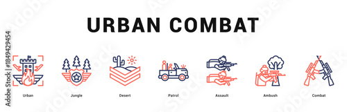 Urban Combat Modern and clean web banner illustration featuring thematic icons for visual communication