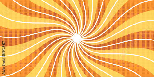 Orange Pop Art Comic Sunburst Background with Halftone Pattern and Swirling Rays