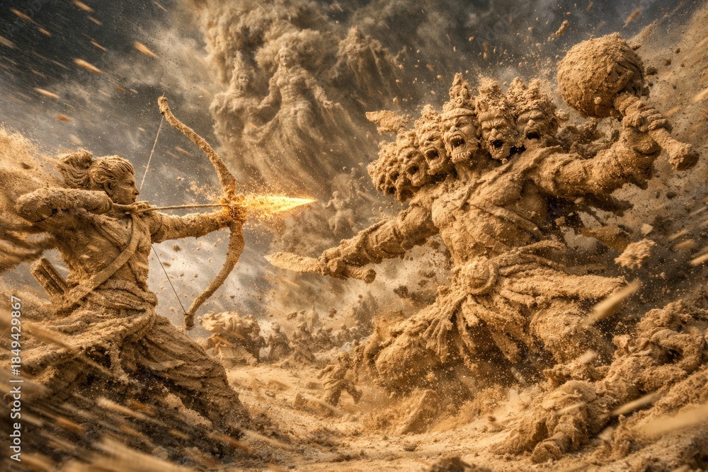 Obraz premium Epic Battle: Ram shoots fiery arrow at multi-headed Ravana made of sand