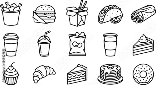 Fast food and dessert line icon set with burger, taco, pizza, coffee, cake, donut, fried chicken, and takeaway meal symbols.