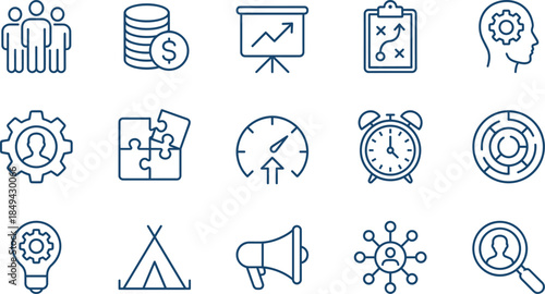 Business management icons set, professional corporate strategy line art, financial growth, team leadership, marketing megaphone, time optimization, and creative problem solving.