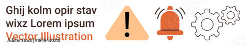 Emergency notification, caution signage, system alert, operational process, maintenance update, technical management. Includes exclamation mark in triangle, bell and gear symbols. Emergency