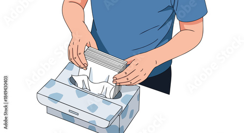 A person's hands are shown precisely loading a fresh supply of soft white tissues into a decorative dispenser box, illustrating a common domestic