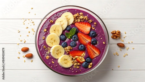 Fototapeta Naklejka Na Ścianę i Meble -  Healthy smoothie bowl topped with fresh fruits seeds and grains on white background
