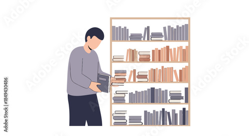 A diligent individual carefully selecting a book from a well-stocked shelf, illustrating the timeless pursuit of knowledge and intellectual growth