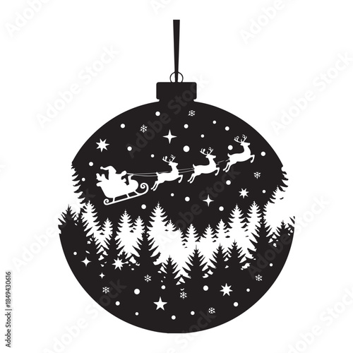 Christmas ornament with Santa's sleigh flying over snowy forest