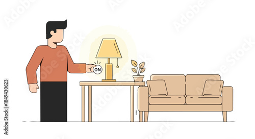 A person effortlessly switches on a stylish table lamp, bringing warm illumination to a modern minimalist living room setting, creating a cozy and
