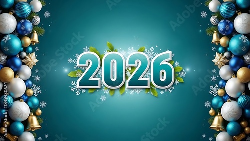 Festive teal background celebrates the arrival of the new year 2026