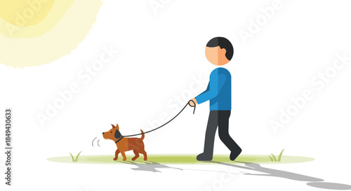 Man enjoying a pleasant daytime walk with his small dog on a leash in flat vector art style