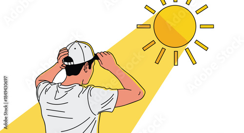Illustration of a person adjusting a cap under a bright sun, symbolizing heat, sun protection, and outdoor activities on a warm summer day against a